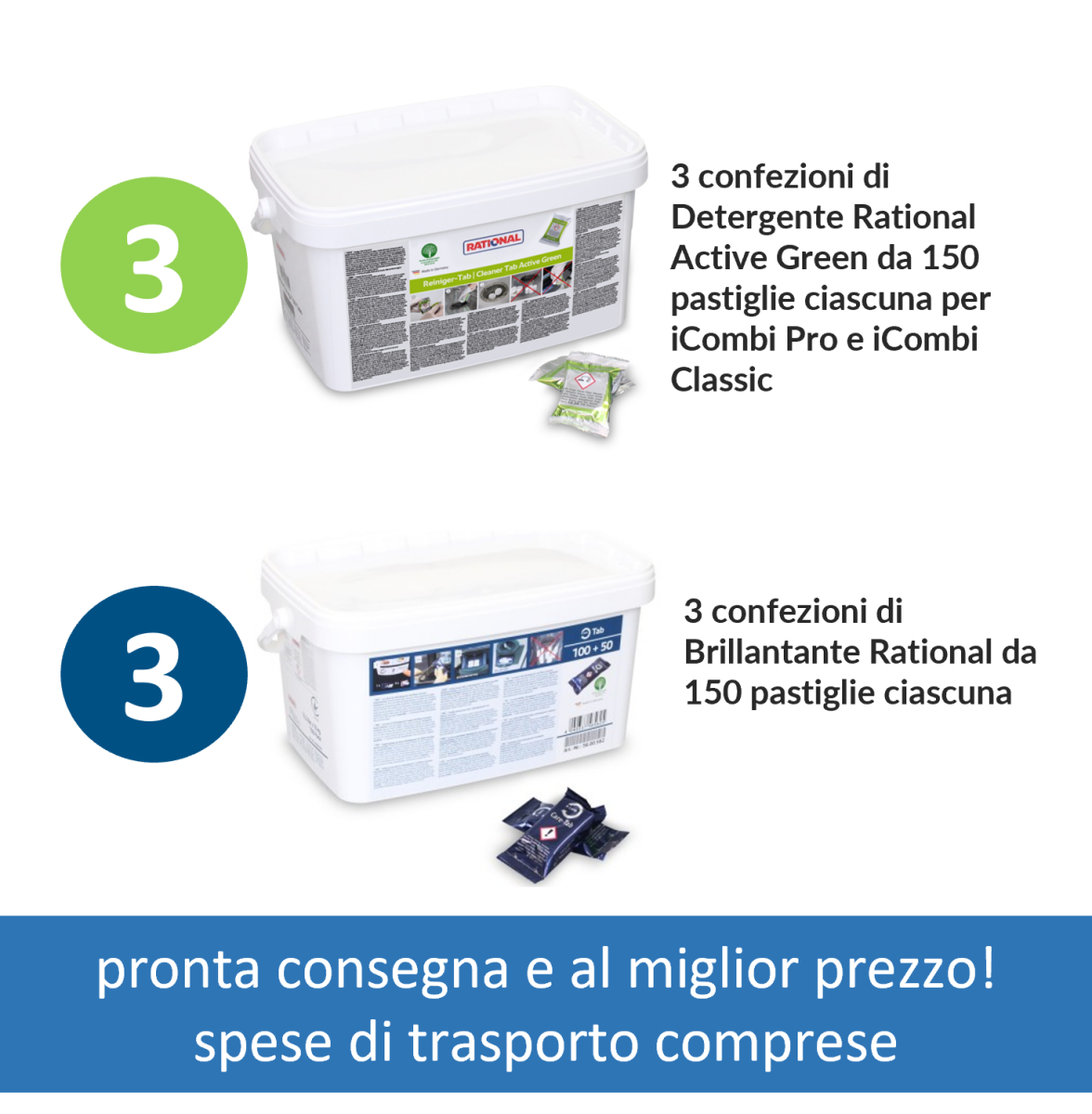 Pastiglie Detergente Rational: 3 Verdi e 3 Blu